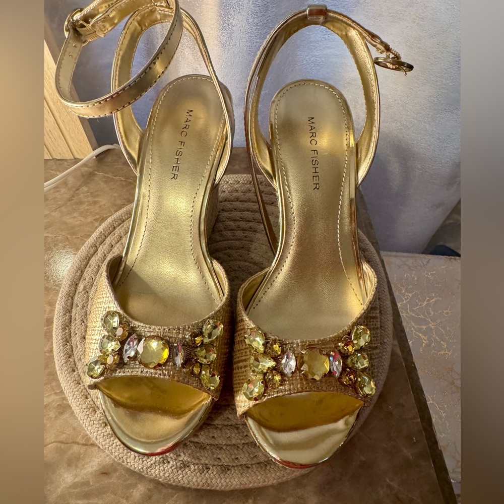 Marc Fisher Gold Jeweled Heels